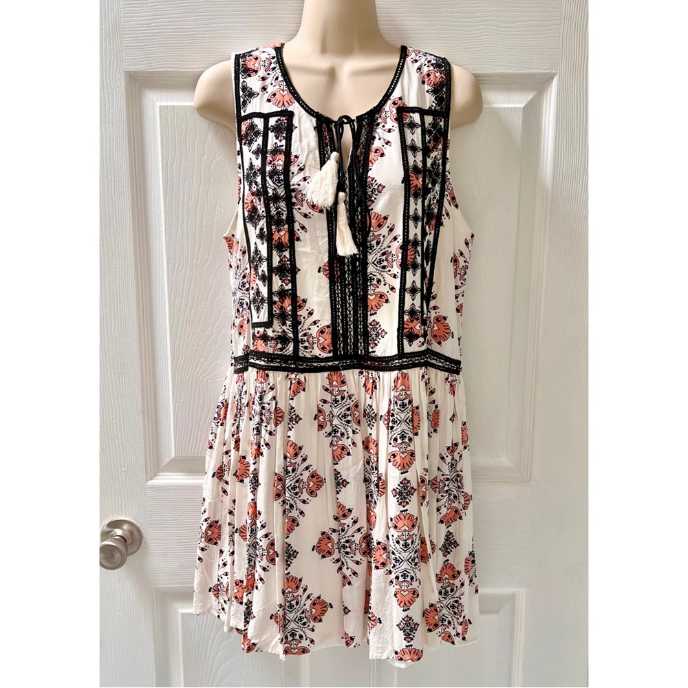 Entro Boho Chic Tank Sun Dress Tunic, Bohemian, Tie Front, Black Embroidery L